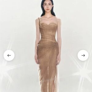 Elegant One Shoulder Tan Dress